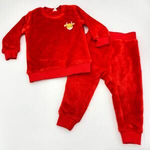H&M Boy's Red Fuzzy Embroidered Ox 2 Piece Set Size 12-18M